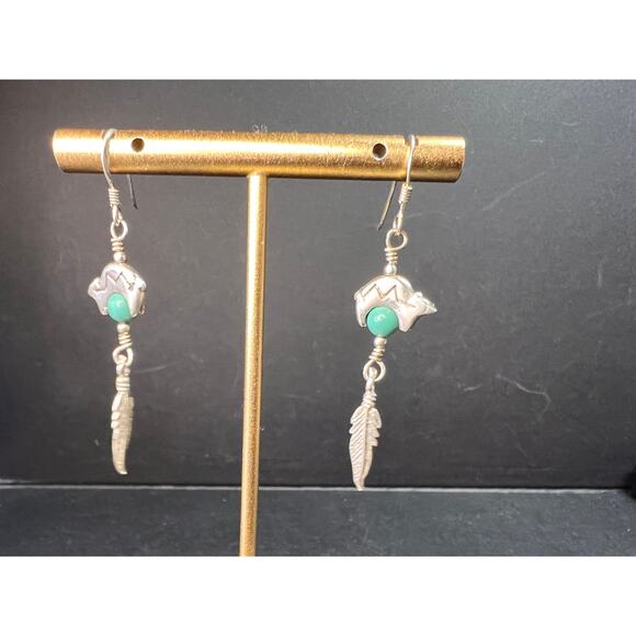 Vintage Sterling Silver Turquoise Earrings – Bear & Feather Motif - Picture 7 of 14